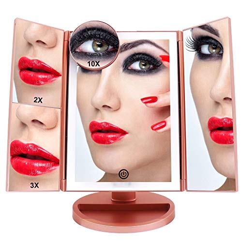 FASCINATE Espejo Maquillaje Con Luz,Tríptica Aumentos 10x, 3x, 2x,1x Magnetismo Extraíble Espejo 10 Aumentos Rotación de 180° Espejo de Maquillaje luminacíon 36 LEDs Carga Con USB o Batería (Oro Rosa)
