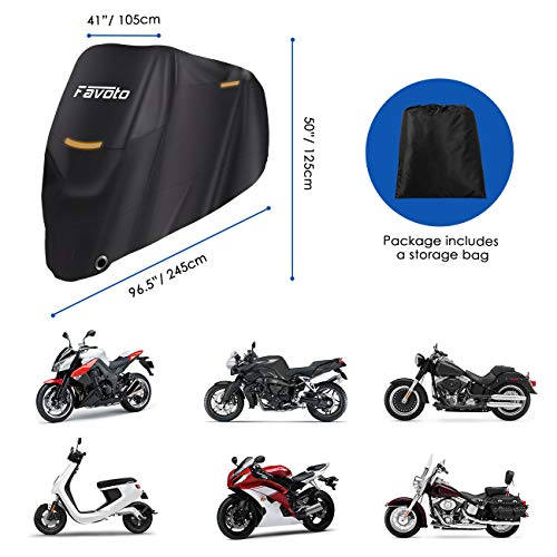 Favoto Funda para Moto Cubierta de la Motocicleta 210T Protectora Poliéster con Banda Reflectante a Prueba de Sol Agua Lluvia Polvo Viento Nieve Excremento de Pájaro al Aire Libre XXL 245cm Negro