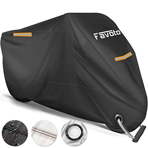 Favoto Funda para Moto Cubierta de la Motocicleta 210T Protectora Poliéster con Banda Reflectante a Prueba de Sol Agua Lluvia Polvo Viento Nieve Excremento de Pájaro al Aire Libre XXL 245cm Negro