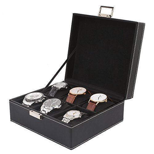 FEMOR Caja para Relojes Estuche para Guardar Joyerías Soporte de Exhibición de Relojes Pulsera PU Negro 6 Compartimentos 2x3 Almohadillas Negro