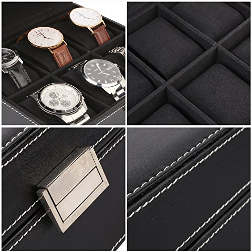 FEMOR Caja para Relojes Estuche para Guardar Joyerías Soporte de Exhibición de Relojes Pulsera PU Negro 6 Compartimentos 2x3 Almohadillas Negro