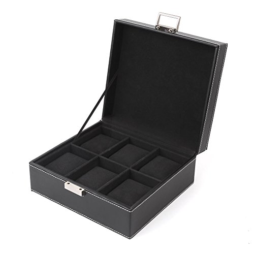 FEMOR Caja para Relojes Estuche para Guardar Joyerías Soporte de Exhibición de Relojes Pulsera PU Negro 6 Compartimentos 2x3 Almohadillas Negro