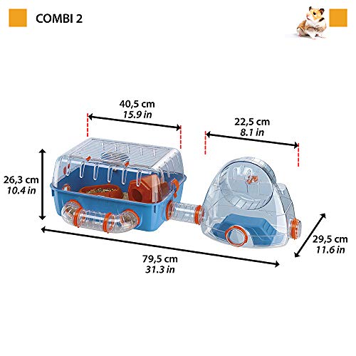 Ferplast Jaula para hámsteres Combi 2, para pequeños roedores, Plástico Robusto, Techo con Rejilla abrible, Tubos Gimnasio y Accesorios incluidos, 79,5 x 29,5 x h 26,3 cm Azul