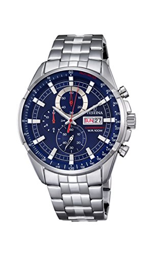 Festina Chrono – Reloj de Cuarzo para Hombre con cronógrafo para Hombre (Mecanismo de Cuarzo, Esfera Azul y Plata Pulsera de Acero Inoxidable f6844/3