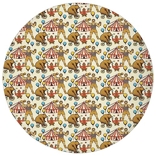 Fevthmii Round Rug Mat Carpet,Circus Decor,Sketch Circles in Vintage Style Bear Rigdding on a Bicycle Strongman,Flannel Microfiber Non-Slip Soft Absorbent,for Kitchen Floor Bathroom