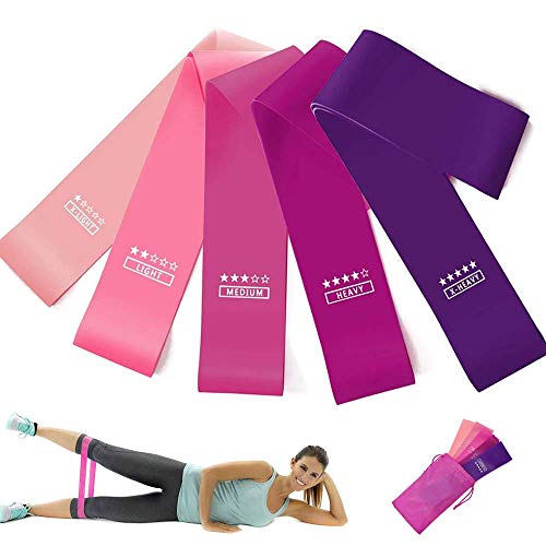 FiiMoo Bandas de Resistencia, [Set de 5] Bandas Elasticas Fitness Látex Natural con 5 Niveles Ejercicios en Piernas para Yoga, Pilates, Crossfit, Estiramientos, Fuerza, Gimnasio en Casa y más