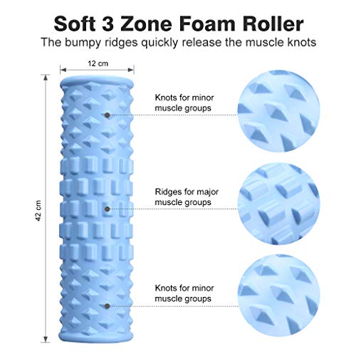 Finether Rodillo de Espuma 3 en 1 para Masaje Muscular, Foam Roller, Juego de Masajeador con Bola de Masaje Rodillo de Palo para Masaje, Azul Bebé