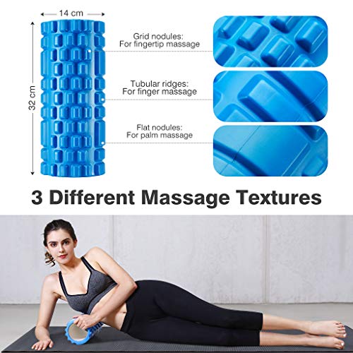 Finether-Rodillo de Espuma para Masaje Muscular Foam Roller Kit de Masajeador Bola de Masaje Rodillo de Palo para Masaje, Azul