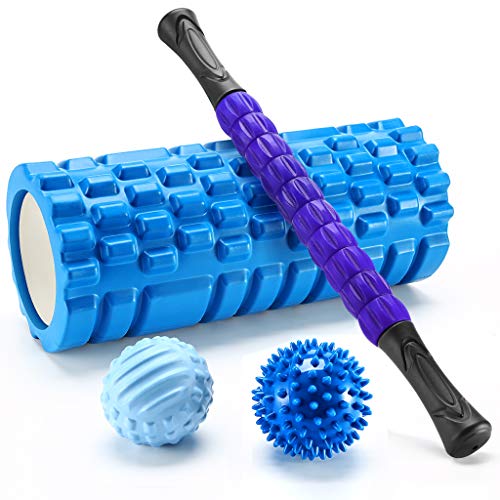 Finether-Rodillo de Espuma para Masaje Muscular Foam Roller Kit de Masajeador Bola de Masaje Rodillo de Palo para Masaje, Azul