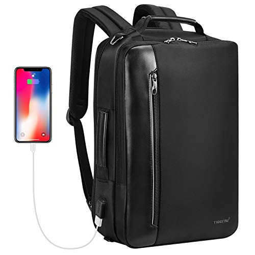 Fintie Mochila Convertible, Tigernu Equipaje de Mano Aprobado para Avión, Maletín de Hombro Resistente al Agua con Puerto USB para Hombres Mujeres Se Adapta a Portátil de hasta 15,6", Negro