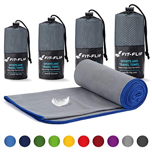 Fit-Flip Toalla Microfibra – en Todos los tamaños / 18 Colores – compacta, Ultraligera y de Secado rápido – Toalla Gym, Toalla Viaje y Toalla Piscina (70x140cm Gris - Borde Azul Oscuro)