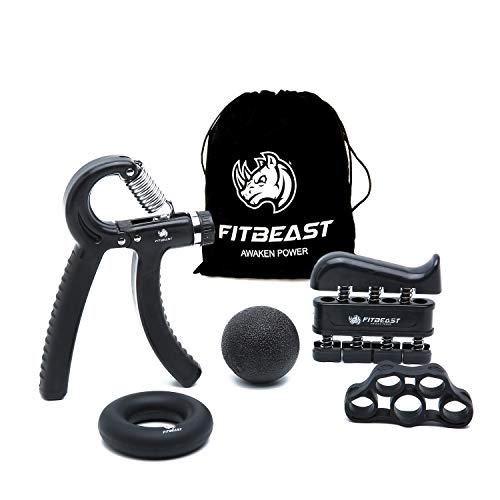 FitBeast Kit de Entrenamiento para Ejercitar el Agarre – Paquete de 5 Piezas, Pinzas para Manos Ajustables, Ejercicio para Dedos, para Estirar los Dedos, Anillo para Entrenar y Pelota Anti Estrés