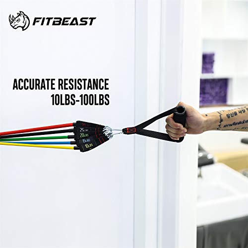 FitBeast Set de Bandas de Resistencia, Bandas elásticas para Entrenar con Soporte de 100lbs, Kit de Bandas para Entrenar con 5 Tubos, 4 Manijas de Hule, Correas para Tobillos, Anclaje para Puerta