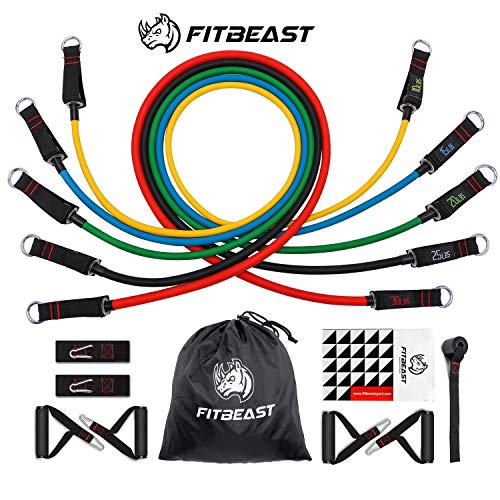 FitBeast Set de Bandas de Resistencia, Bandas elásticas para Entrenar con Soporte de 100lbs, Kit de Bandas para Entrenar con 5 Tubos, 4 Manijas de Hule, Correas para Tobillos, Anclaje para Puerta