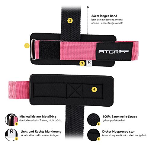 Fitgriff® Correas Levantamiento de Pesas con Almohadilla para la muñeca, Correa Profesionale Acolchadas, Agarraderas Gimnasio, Fitness y Crossfit - Mujeres y Hombres - Pink