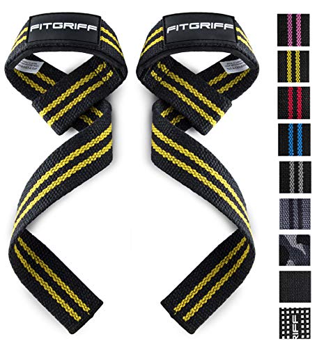 Fitgriff® Straps Powerlifting, Levantamiento de Pesas, Agarres para Gym, Agarraderas Gimnasio, Peso Muerto - Lifting Straps - Mujeres y Hombres - Black/Yellow