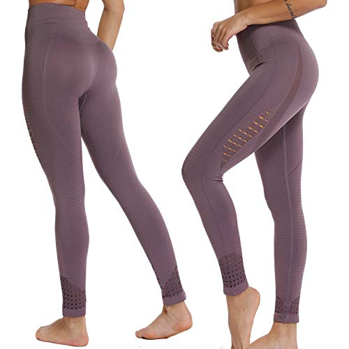 FITTOO Leggings Sin Costuras Corte de Malla Mujer Pantalon Deportivo Alta Cintura Yoga Elásticos Fitness Seamless #1 Morado Medium