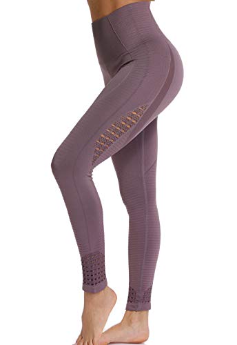 FITTOO Leggings Sin Costuras Corte de Malla Mujer Pantalon Deportivo Alta Cintura Yoga Elásticos Fitness Seamless #1 Morado Medium