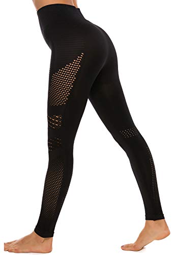 FITTOO Leggings Sin Costuras Corte de Malla Mujer Pantalon Deportivo Alta Cintura Yoga Elásticos Fitness Seamless #1 Negro M