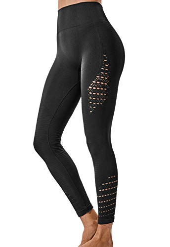 FITTOO Leggings Sin Costuras Corte de Malla Mujer Pantalon Deportivo Alta Cintura Yoga Elásticos Fitness Seamless #1 Negro Medium