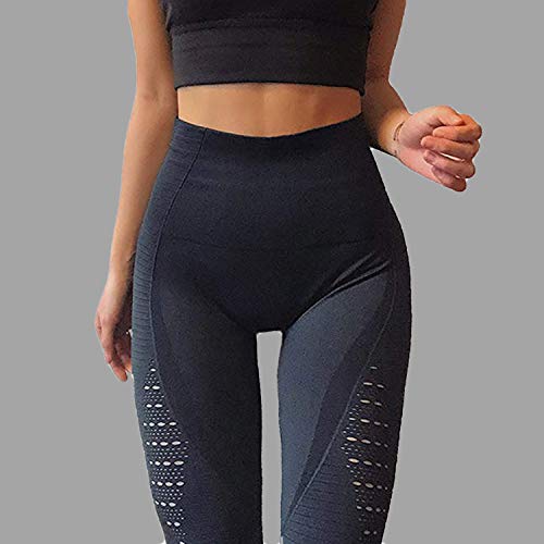 FITTOO Leggings Sin Costuras Corte de Malla Mujer Pantalon Deportivo Alta Cintura Yoga Elásticos Fitness Seamless #1 Negro Medium