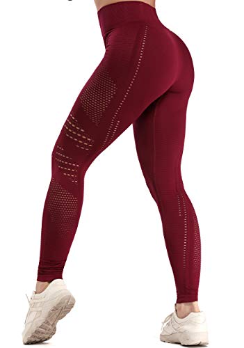 FITTOO Leggings Sin Costuras Corte de Malla Mujer Pantalon Deportivo Alta Cintura Yoga Elásticos Fitness Seamless #1 Rojo L