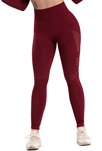 FITTOO Leggings Sin Costuras Corte de Malla Mujer Pantalon Deportivo Alta Cintura Yoga Elásticos Fitness Seamless #1 Rojo L