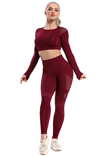 FITTOO Leggings Sin Costuras Corte de Malla Mujer Pantalon Deportivo Alta Cintura Yoga Elásticos Fitness Seamless #1 Rojo L
