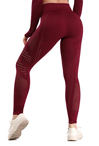 FITTOO Leggings Sin Costuras Corte de Malla Mujer Pantalon Deportivo Alta Cintura Yoga Elásticos Fitness Seamless #1 Rojo L