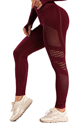 FITTOO Leggings Sin Costuras Corte de Malla Mujer Pantalon Deportivo Alta Cintura Yoga Elásticos Fitness Seamless #1 Rojo L