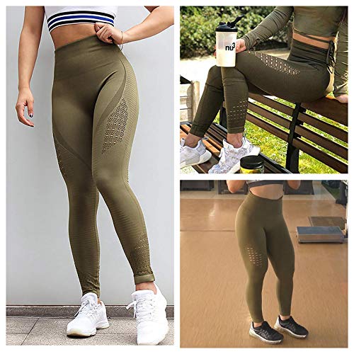 FITTOO Leggings Sin Costuras Corte de Malla Mujer Pantalon Deportivo Alta Cintura Yoga Elásticos Fitness Seamless #1 Verde Medium