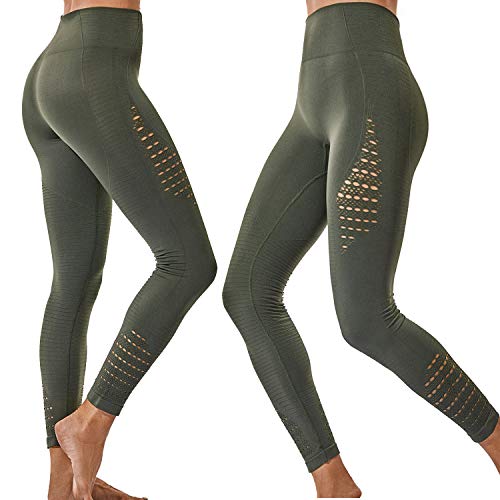 FITTOO Leggings Sin Costuras Corte de Malla Mujer Pantalon Deportivo Alta Cintura Yoga Elásticos Fitness Seamless #1 Verde Medium