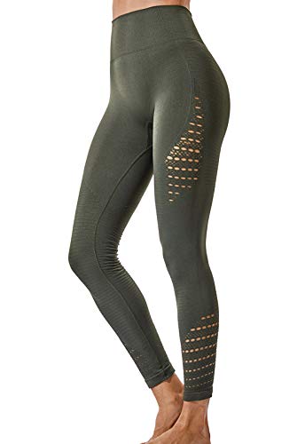 FITTOO Leggings Sin Costuras Corte de Malla Mujer Pantalon Deportivo Alta Cintura Yoga Elásticos Fitness Seamless #1 Verde Medium