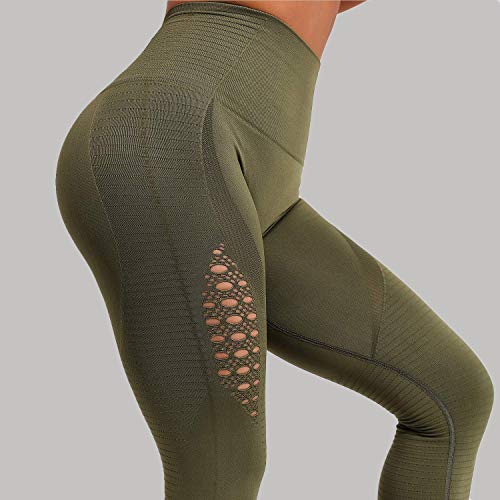 FITTOO Leggings Sin Costuras Corte de Malla Mujer Pantalon Deportivo Alta Cintura Yoga Elásticos Fitness Seamless #1 Verde Medium
