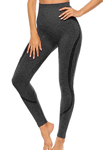 FITTOO Leggings Sin Costuras Corte de Malla Mujer Pantalon Deportivo Alta Cintura Yoga Elásticos Fitness Seamless Negro-4 Small