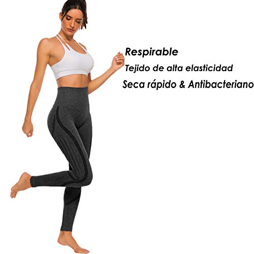 FITTOO Leggings Sin Costuras Corte de Malla Mujer Pantalon Deportivo Alta Cintura Yoga Elásticos Fitness Seamless Negro-4 Small