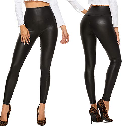 FITTOO Mujeres PU Leggins Cuero Brillante Pantalón Elásticos Pantalones para Mujer300#2 Negro Mate XL
