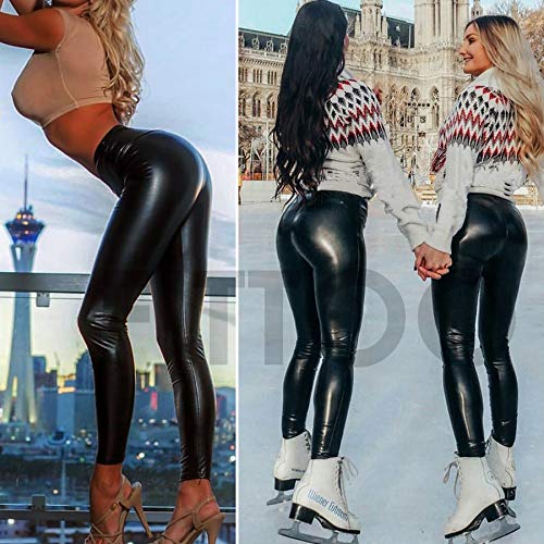 FITTOO Mujeres PU Leggins Cuero Brillante Pantalón Elásticos Pantalones para Mujer300#2 Negro Mate XL