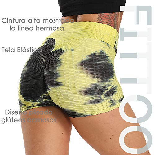FITTOO Pantalones Cortos Leggings Mujer Mallas Yoga Alta Cintura Elásticos Transpirables #2 Amarillo & Negro M