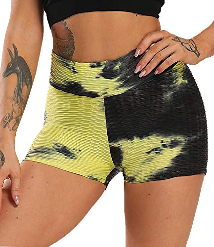 FITTOO Pantalones Cortos Leggings Mujer Mallas Yoga Alta Cintura Elásticos Transpirables #2 Amarillo & Negro M