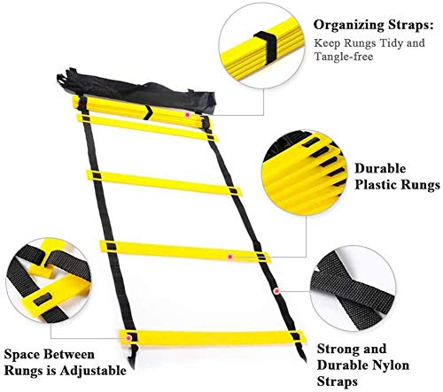 FJYOURIA Escalera de Agilidad, Escalera de Entrenamiento Ajustable de 6 m con 12 peldaños y Bolsa de Transporte Gratuita (Amarillo)