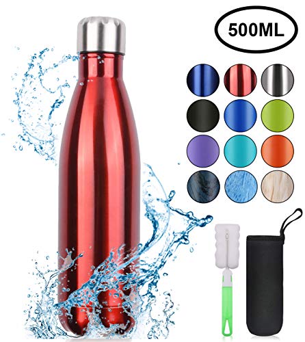 flintronic Botella Termica, 500ML Botella de Agua de Acero Inoxidable, Aislamiento de Vacío de Doble Pared, Botellas de Frío/Caliente Sin BPA & Eco Friendly, con 1 Portavasos y 1 Cepillo