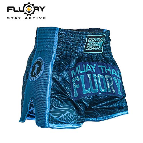 FLUORY Pantalones cortos de Muay Thai, resistentes al desgarro, para artes marciales, artes marciales mixtas, ropa para hombres y mujeres, niños, color azul oscuro, tamaño extra-small