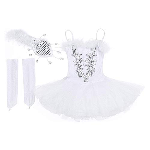 FONLAM Vestido Maillot de Ballet Tutú Niña, Blanco, 5-6 aÃ±os