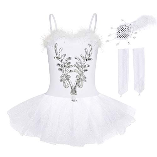 FONLAM Vestido Maillot de Ballet Tutú Niña, Blanco, 5-6 aÃ±os