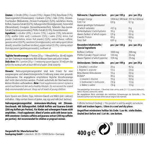 foodspring Energy Aminos, 400g, Sabor Limón, Aminoácidos BCAA vegetales, Una inyección de energía 100% natural, Con cafeína y extractos de pimienta y guaraná