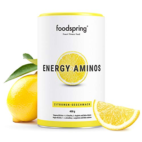 foodspring Energy Aminos, 400g, Sabor Limón, Aminoácidos BCAA vegetales, Una inyección de energía 100% natural, Con cafeína y extractos de pimienta y guaraná
