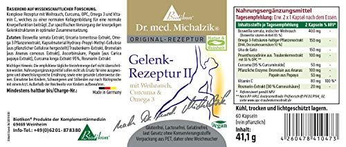 Fórmula articular I + II según Dr. Med. Michalzik, contiene ácido hialurónico, MSM, sulfato de condroitina, glucosamina, vitamina C, incienso, curcuma, OPC y Omega 3