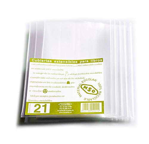 Forros para libro MSO, Medida 21 cm altura, ancho ajustable, Material LDPE Pack de 5 unidades.