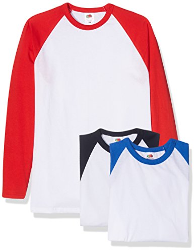 Fruit of the Loom Baseball Classic Long Sleeve Camiseta, Blanco Azul Marino/Blanco Rojo/Blanco Azul Royal, L (Pack de 3) para Hombre